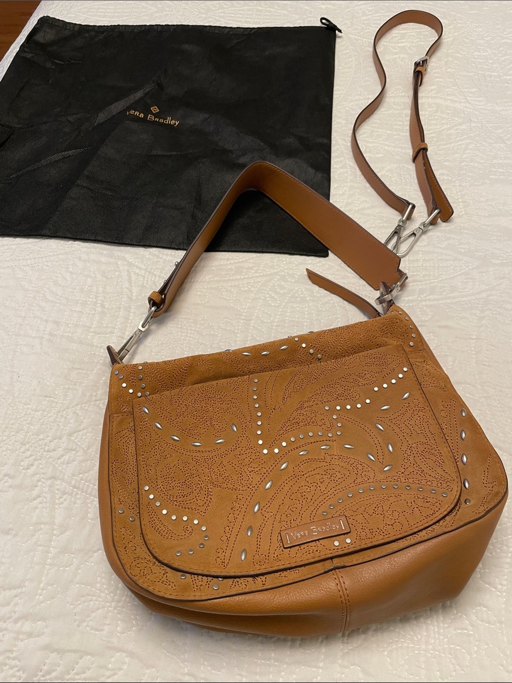 Vera Bradley CARSON Brown Leather Suede Studded Shoulder or Crossbody Bag - Picture 13 of 16